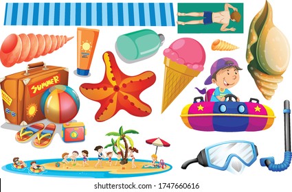 Set of summer beach icon cartoon style on white background illustration