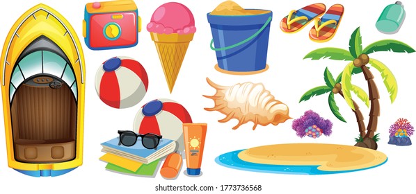 Set of summer beach icon cartoon style on white background illustration