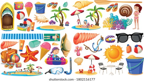 Set of summer beach icon cartoon style on white background illustration