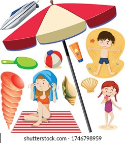 Set of summer beach icon and kids cartoon style on white background illustration