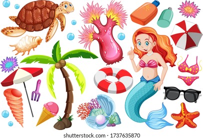 Set of summer beach icon and mermaid cartoon character on white background illustration