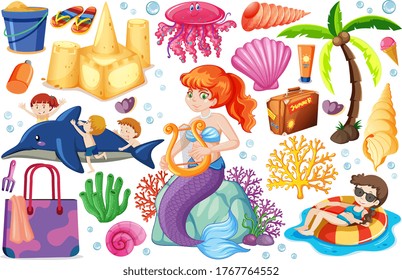 Set of summer beach icon and mermaid cartoon style on white background illustration