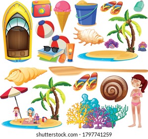 Set of summer beach icon and skin burnt  cartoon style on white background illustration