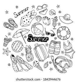 Set of summer beach icons. Doodle vector illustration. Isolated on white background
