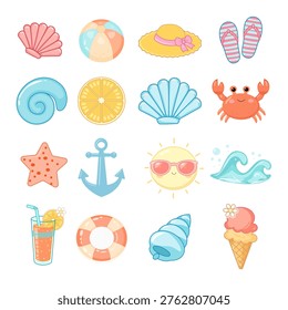 Set of summer beach icons including sea shells, crab, sun with sunglasses, cocktail and ice cream in kawaii sticker style.