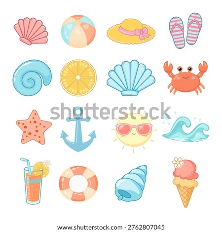 Set of summer beach icons including sea shells, crab, sun with sunglasses, cocktail and ice cream in kawaii sticker style.