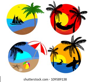 Set of summer beach icons on white background, vector illustration