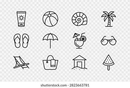 Set of summer beach icons, thin line style, vector illustration