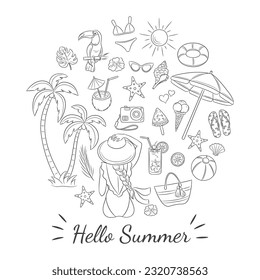 Conjunto de ilustraciones de playa de verano.  Una bonita niña en la playa, palmeras, cócteles tropicales y otros elementos de diseño de la playa, aislados en un fondo blanco. Hola iconos de verano. 