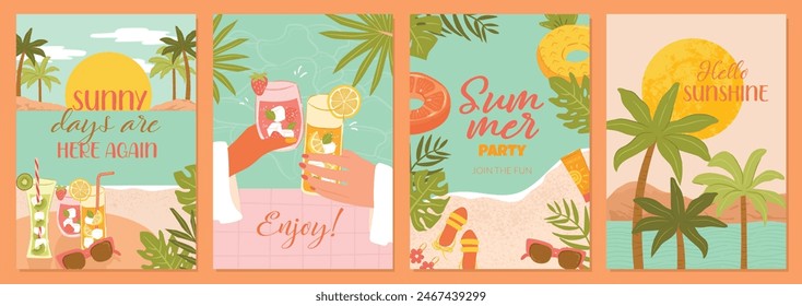 Set of summer beach illustrations with fruit drinks, relaxing scenery and beach essentials for vector cards, background template and posters