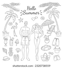 Set of summer beach illustrations. A handsome, smiling guy and a beautiful girl on the beach, with palm trees, tropical cocktails,  and other beach design elements isolated on a white background.
