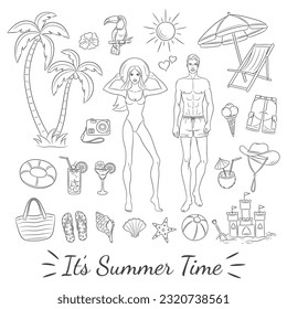 Set of summer beach illustrations. A handsome, smiling guy and a beautiful girl on the beach, with palm trees, tropical cocktails,  and other beach design elements isolated on a white background.
