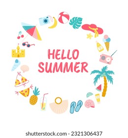 Set of summer beach items arranged in circle with quote Hello Summer inside. Collection of accesories for summer vacations. Vector illustration