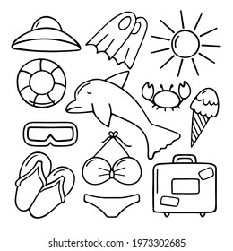 Set of summer beach items, black outline isolated on white background.
