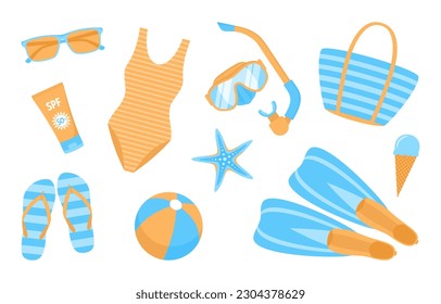 Set of summer beach items in blue and orange colors isolated on white background. Vector illustration in flat style