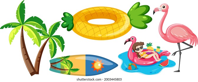 Conjunto de objetos de playa de verano al estilo de las caricaturas aislados en la ilustración de fondo blanco