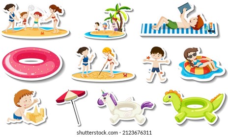 Conjunto de artículos de playa de verano y niños   ilustración