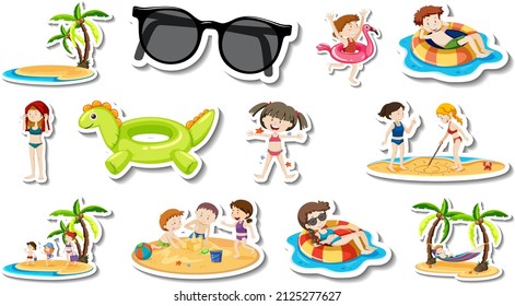 Set of summer beach items and children illustration