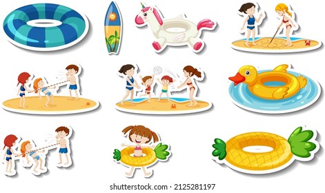 Set of summer beach items and children   illustration
