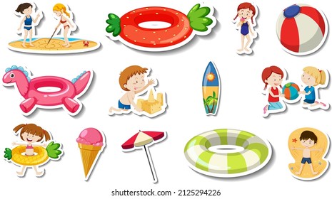 Conjunto de artículos de playa de verano y niños   ilustración