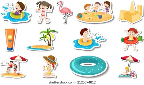 Set of summer beach items and children   illustration
