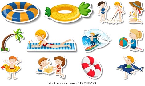 Conjunto de artículos de playa de verano y niños   ilustración