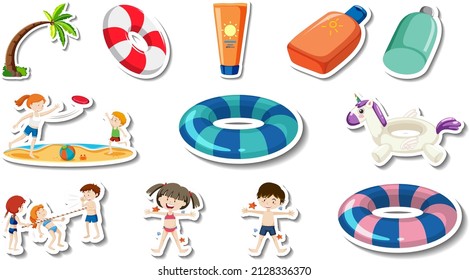 Set of summer beach items and children   illustration