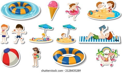 Set of summer beach items and children   illustration