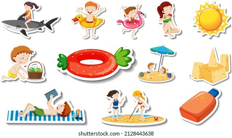 Conjunto de artículos de playa de verano y niños   ilustración