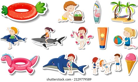 Set of summer beach items and children   illustration