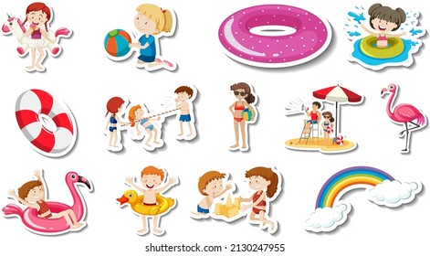 Set of summer beach items and children   illustration