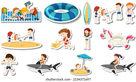 Set von sommerlichen Strandartikeln und Kindern   Illustration