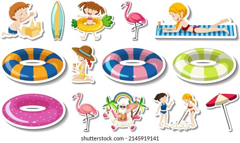 Set of summer beach items and children   illustration
