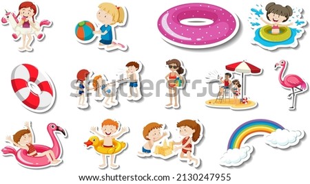 Set of summer beach items and children   illustration