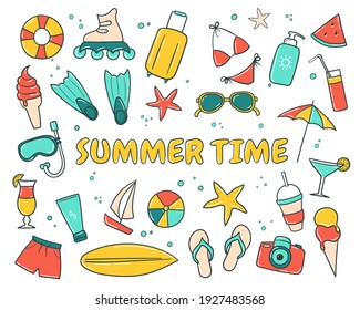 Set of summer beach items. Clip-art collection of things for vacation. Bright stickers. Vector illustration isolated on white background.
