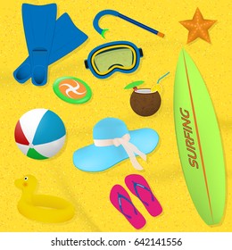 Set of summer beach items. Diving, surfing and vacation items located on a sand background. Vector illustration.