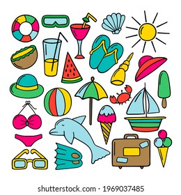 Set of summer beach items isolated on white background.