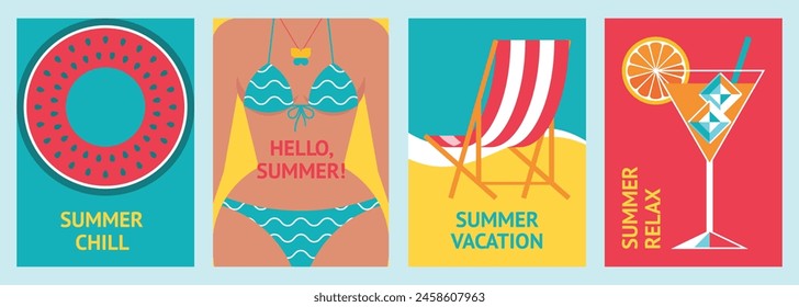 Set of summer beach leisure backgrounds with femail body, inflatable ring, sun lounger, cocktail. Minimalistic flat poster with recreation and relax symbols. Flyer, banner, invitation.