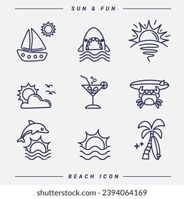 Juego de vectores de arte de línea de playa de verano, icono de surf sobre ilustración de fondo blanco aislado.