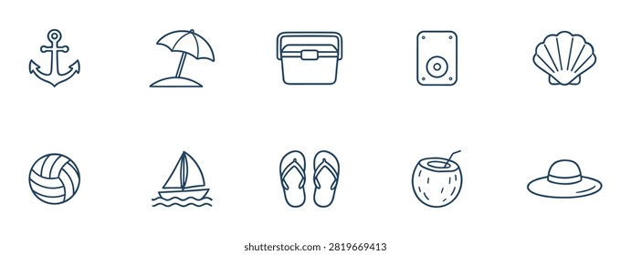 Set of summer and beach line icons including anchor, umbrella, cooler, speaker, shell, volleyball, sailboat, flip flops, coconut drink and sun hat