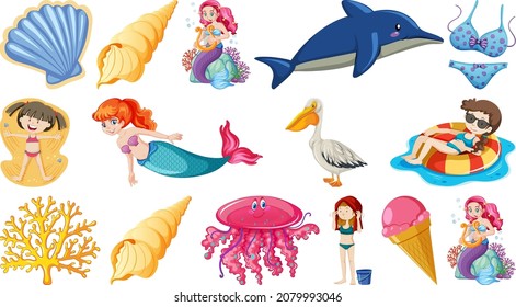 Set of summer beach objects and cartoon characters illustration
