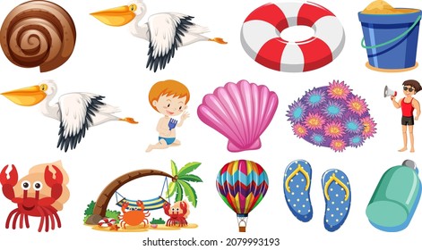 Set of summer beach objects and cartoon characters illustration