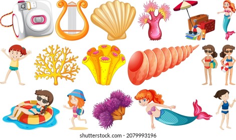 Set of summer beach objects and cartoon characters illustration