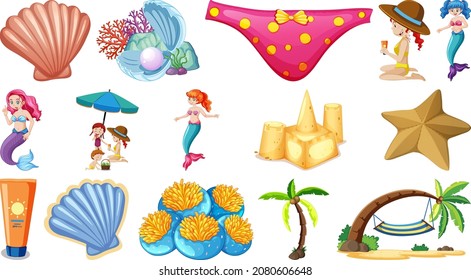 Set of summer beach objects and cartoon characters illustration