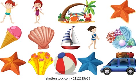 Set of summer beach objects and cartoon characters illustration