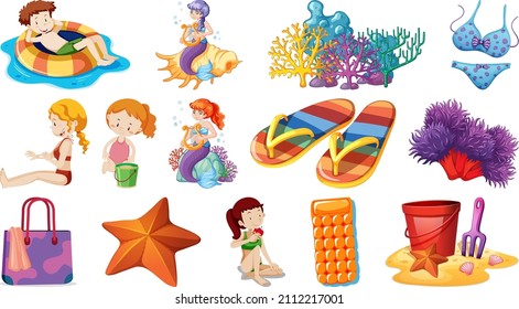 Conjunto de objetos de playa de verano e ilustración de personajes de dibujos animados