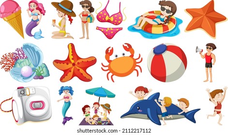 Set of summer beach objects and cartoon characters illustration