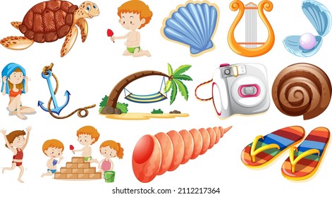 Set of summer beach objects and cartoon characters illustration