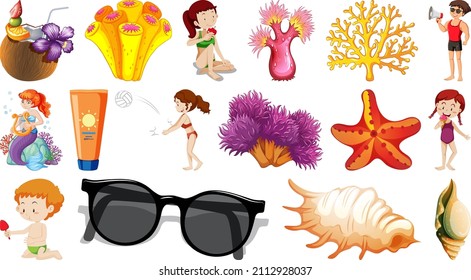 Set of summer beach objects and cartoon characters illustration