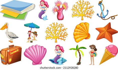 Set of summer beach objects and cartoon characters illustration